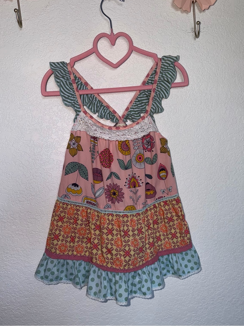 Matilda Jane Pink Floral Tiered top with Teal Accents